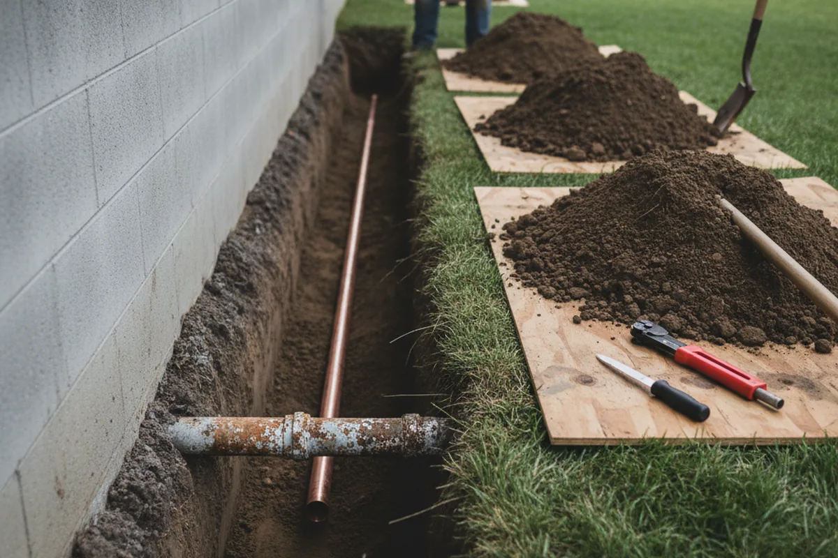 Excavated water line trench during Sewer Line Repair in Glenview